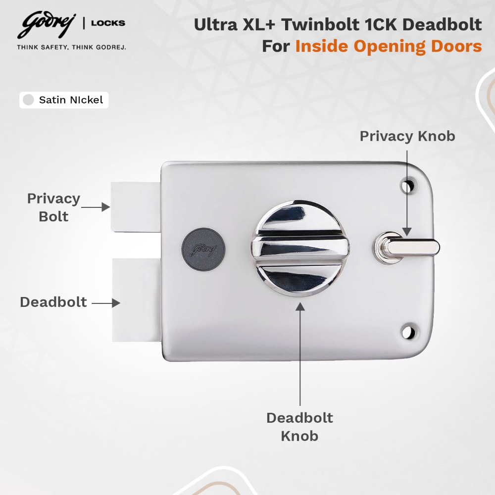 Godrej Rim Lock I Twinbolt Ultra XL plus I 1CK Deadbolt I for Inside Opening Door I LeftorRight Handed Doors I 4 Keys I 5-Year Warranty I Manual Locking l Satin Nickel Finish